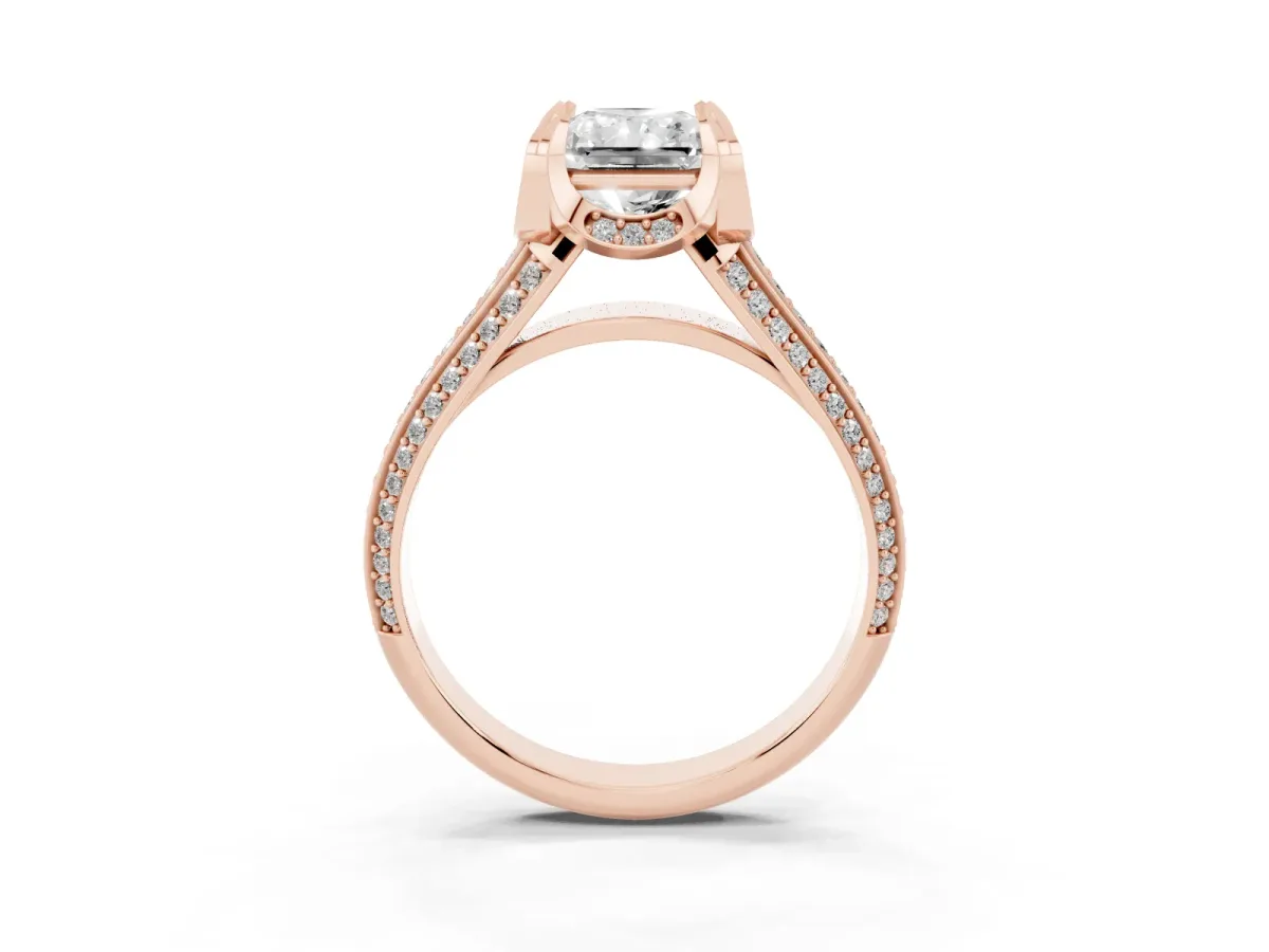 Radiant Cut Solitaire Pave Split Shank Ring with Four-Prong Setting Rose gold