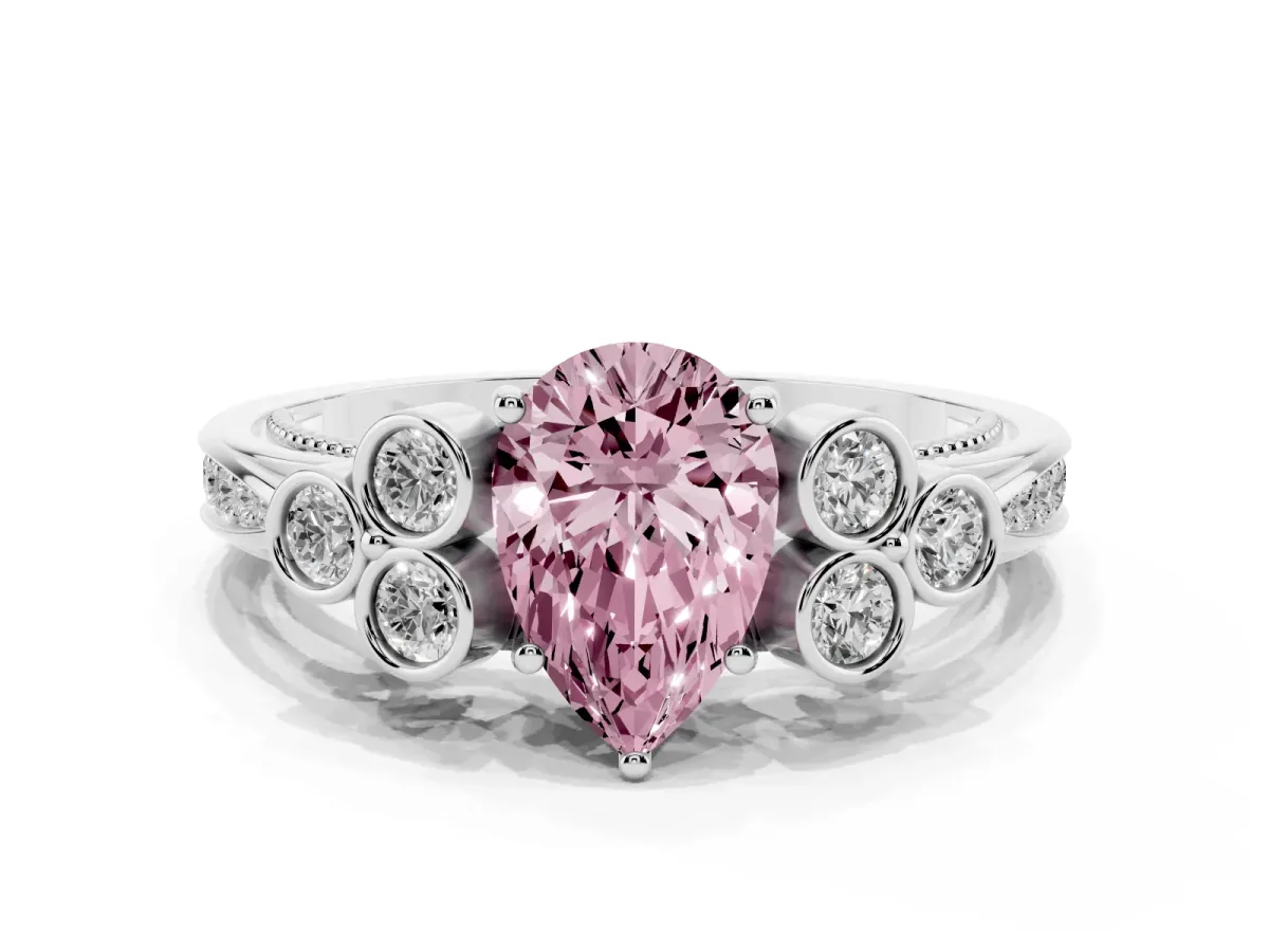 Fancy Pink Pear Cut Cut Diamond Engagement Ring with Bezel Set Round Side Stones and Prong Setting Silver