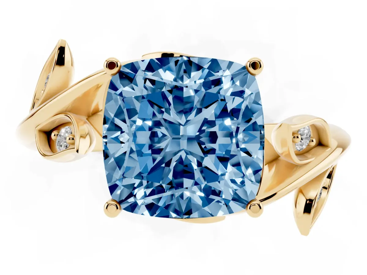 Fancy Blue Cushion Cut Solitaire Twist Engagement Ring with Leaf Accents and Prong Setting Yellow gold