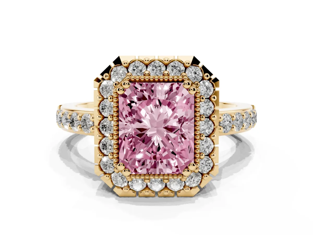 Fancy Pink Radiant Cut Diamond Halo Ring with Pavé Band and Prong Setting Yellow gold