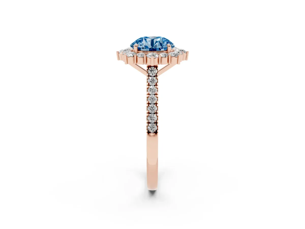 Fancy Blue Round Cut Halo Diamond Ring with Pavé Band and Prong Setting Rose gold