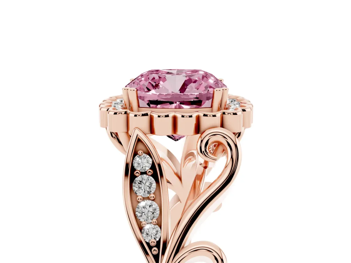 Fancy Pink Cushion Cut Diamond Halo Ring with Vintage Split Shank and Four-Prong Setting Rose gold