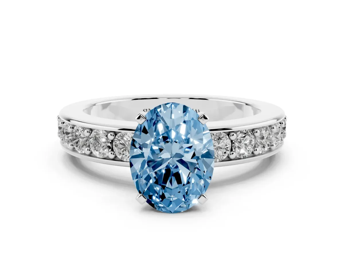 Fancy Blue Oval Cut Diamond Engagement Ring with Channel Set Round Band and Prong Setting Silver