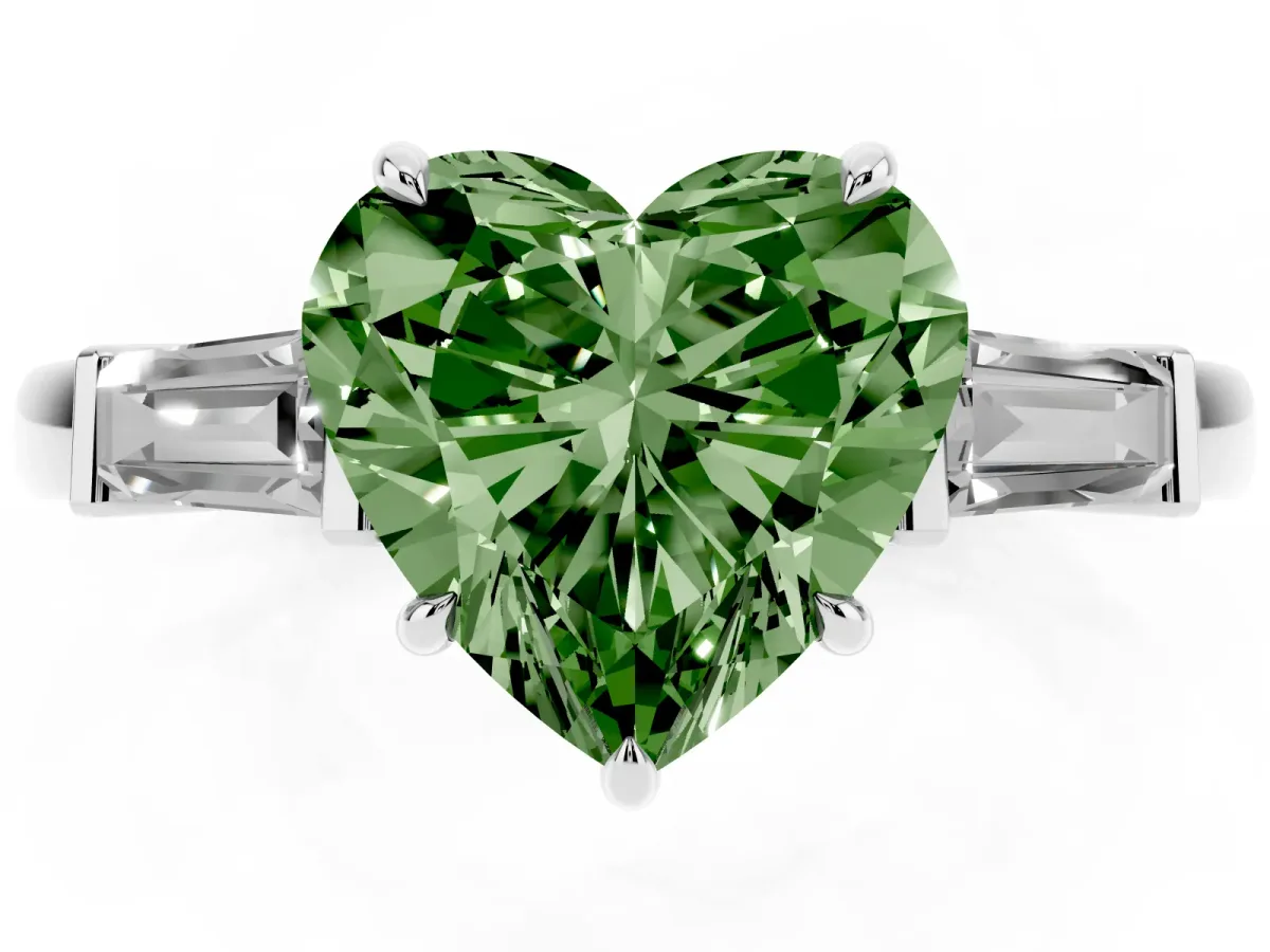 Fancy Green Heart Cut Diamond Three-Stone Ring with Tapered Baguette Side Stones and Prong Setting Platinum