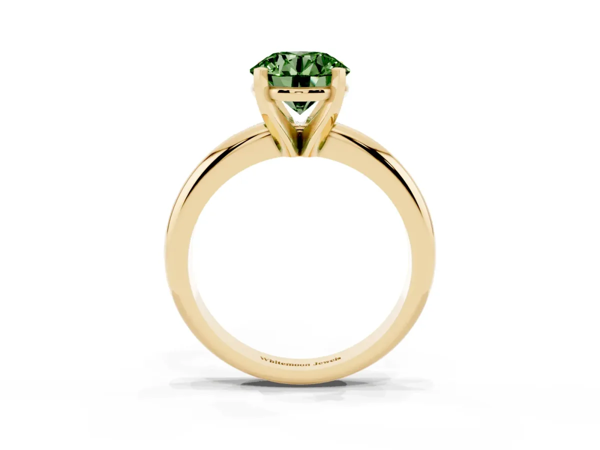 Fancy Green Round Cut Diamond Solitaire Engagement Ring with Round Band and Four-Prong Setting Yellow gold