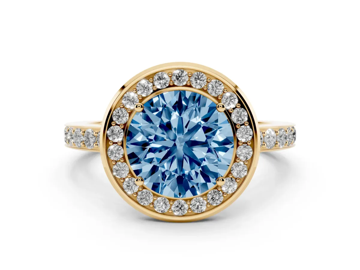 Fancy Blue Round Cut Diamond Halo Ring with Bezel Frame and Pavé Band Yellow gold