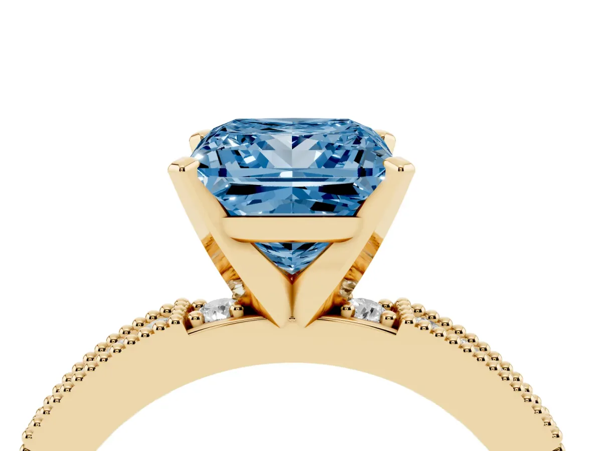 Fancy Blue Princess Cut Solitaire with Pavé Band and Four-Prong Setting Yellow gold