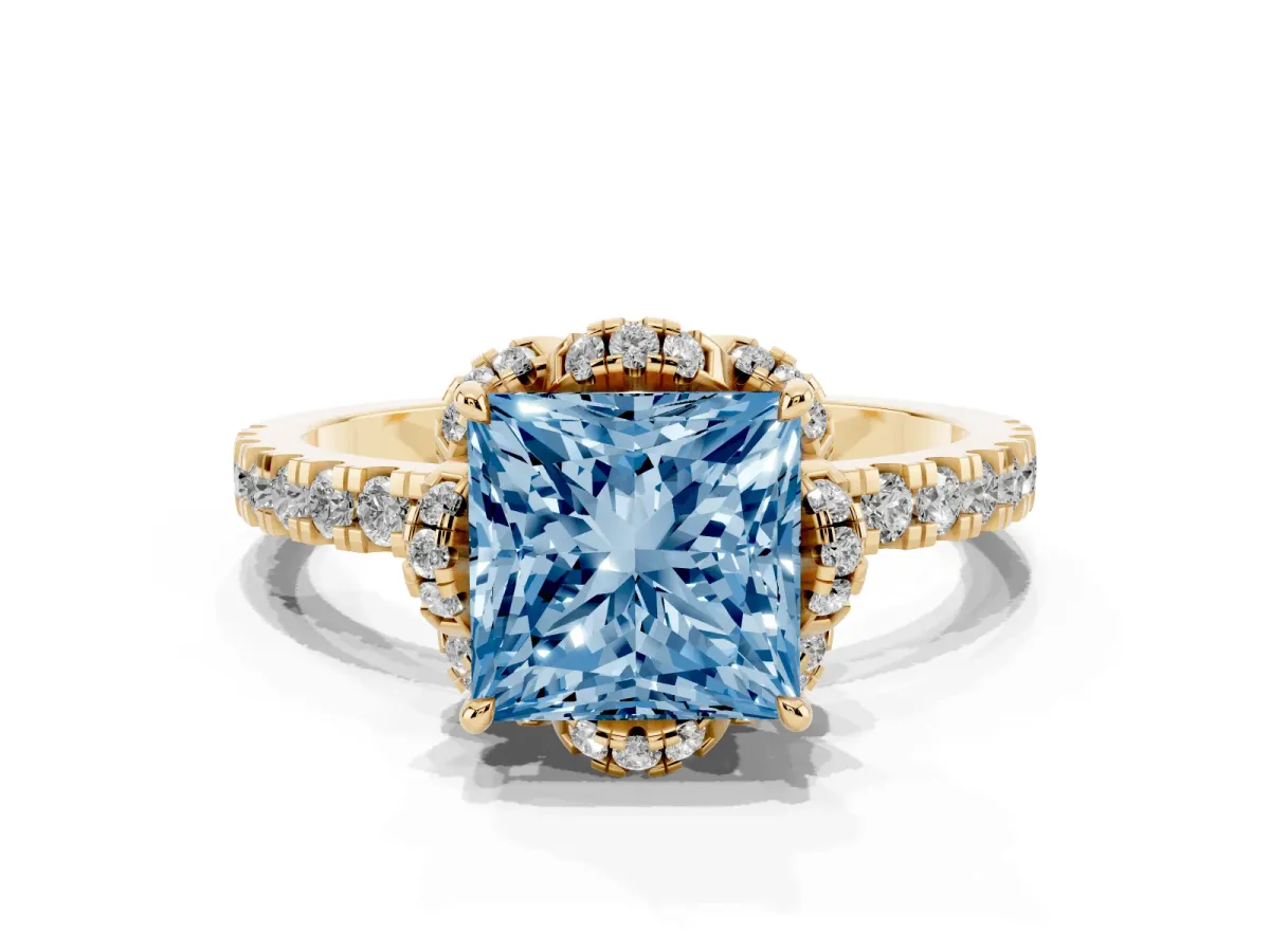 Fancy Blue Princess Cut Halo Diamond Pave Band Ring with Four-Prong Setting Yellow gold