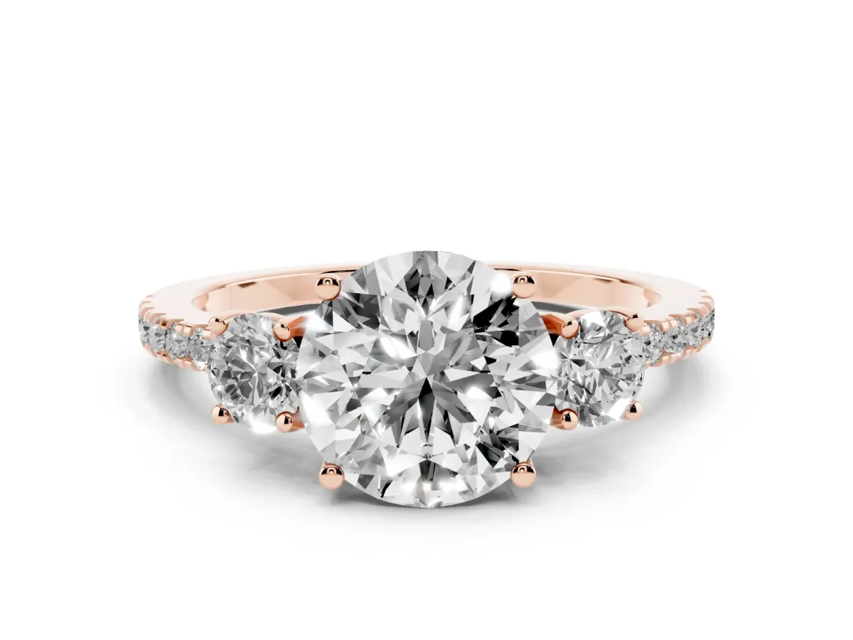 Three-Stone Round Cut Cut Diamond Pavé Band with Prong Setting Rose gold