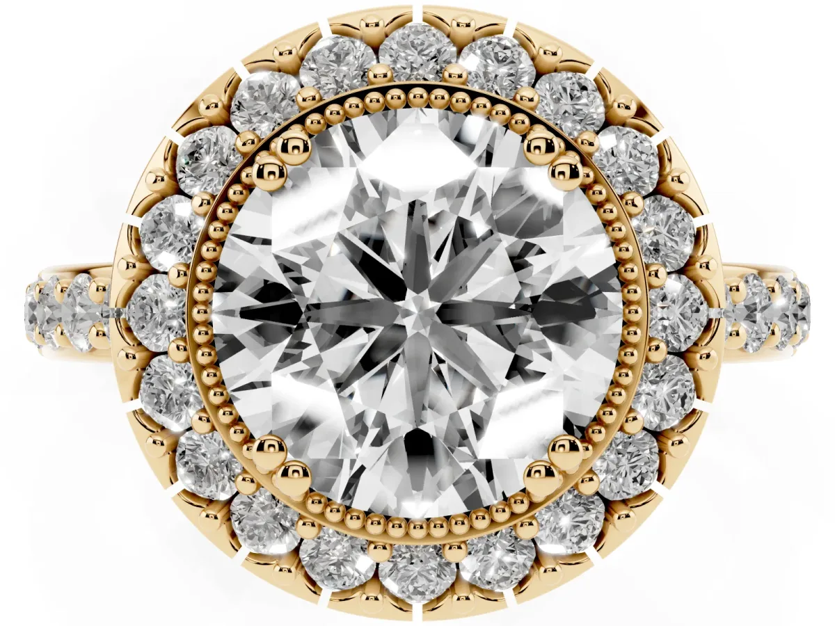 Round Cut Diamond Halo Ring with Pavé Band and Prong Setting Yellow gold
