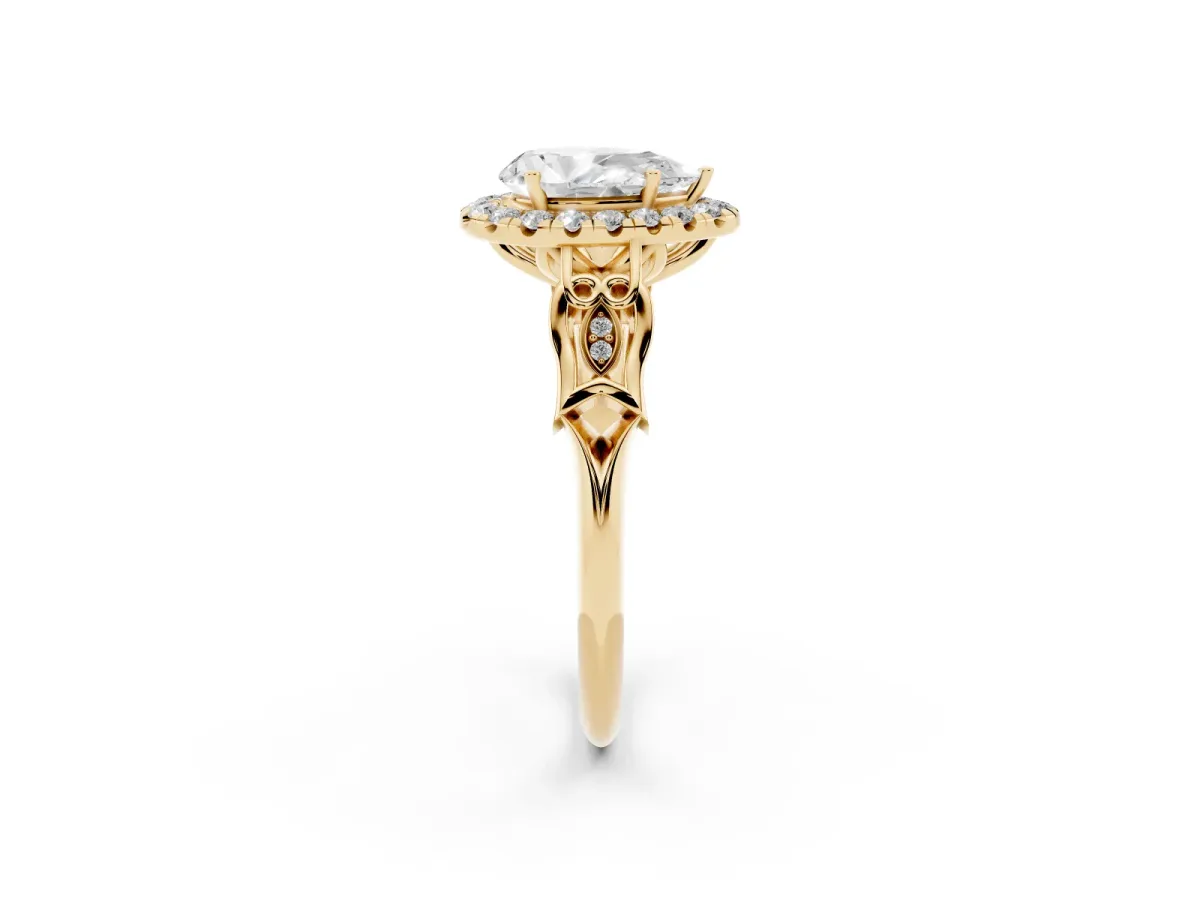 Pear Cut Halo Diamond Engagement Ring with Filigree Band and Four-Prong Setting Yellow gold