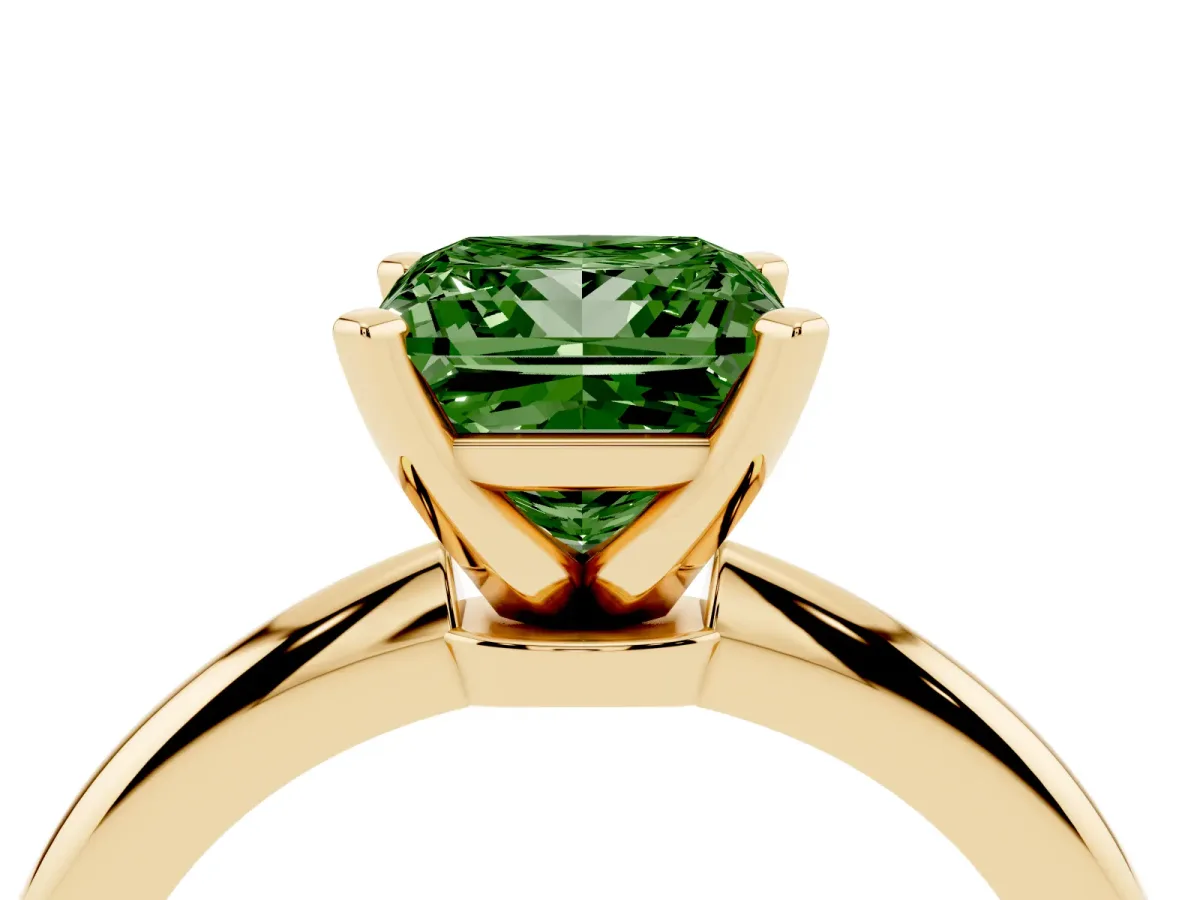 Fancy Green Princess Cut Diamond Solitaire Ring with Prong Setting and Classic Band Yellow gold