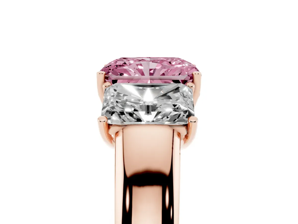 Fancy Pink Three-Stone Radiant Cut Cut Diamond Ring with Prong Setting and Classic Band Rose gold