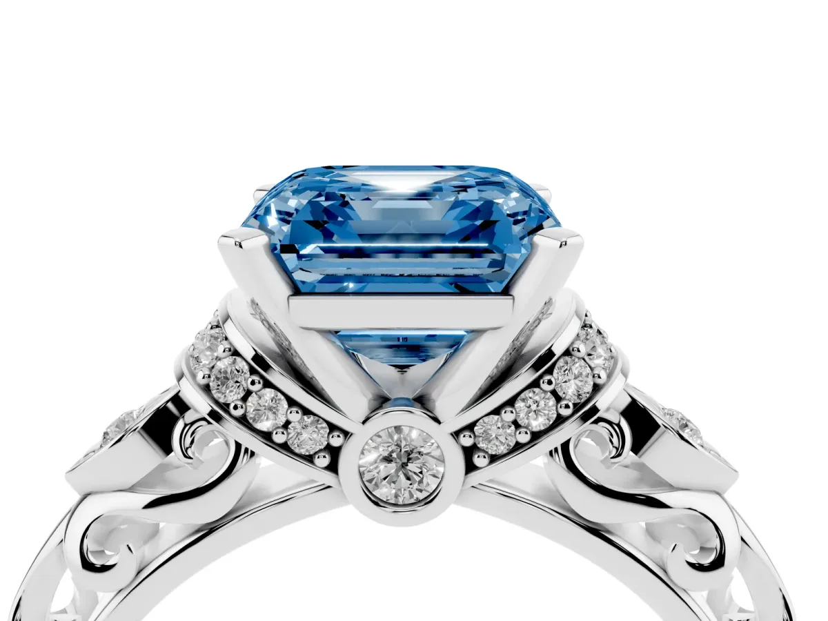 Fancy Blue Asscher Cut Diamond Solitaire Ring with Filigree Band and Four-Prong Setting Silver