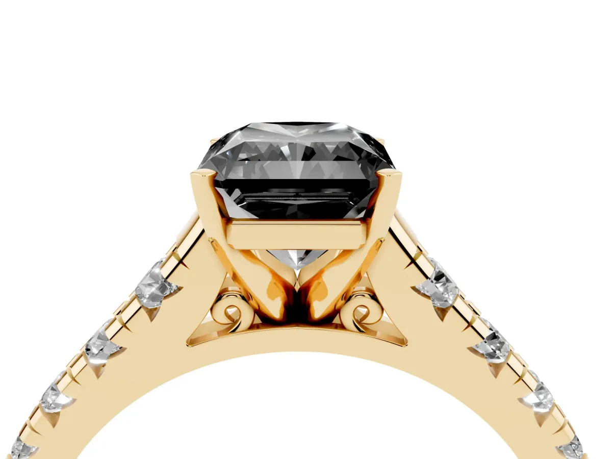 Fancy Black Radiant Cut Diamond Cathedral Solitaire Ring with Round Pavé Band Yellow gold