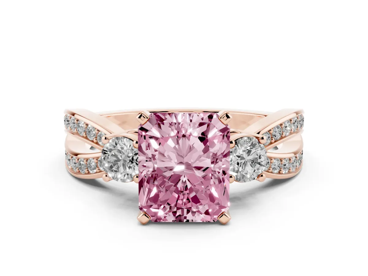 Fancy Pink Three-Stone Radiant Cut Cut Diamond Twist Band with Prong Setting Rose gold