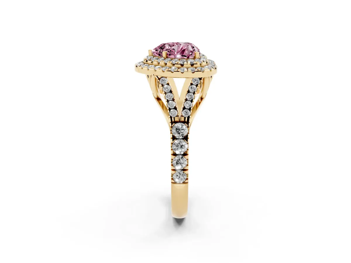 Fancy Pink Heart Cut Cut Double Halo Split Shank Diamond Ring with Prong Setting Yellow gold