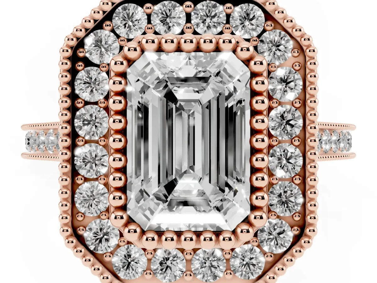 Emerald Cut Diamond Halo Ring with Milgrain Frame and Pavé Band Rose gold