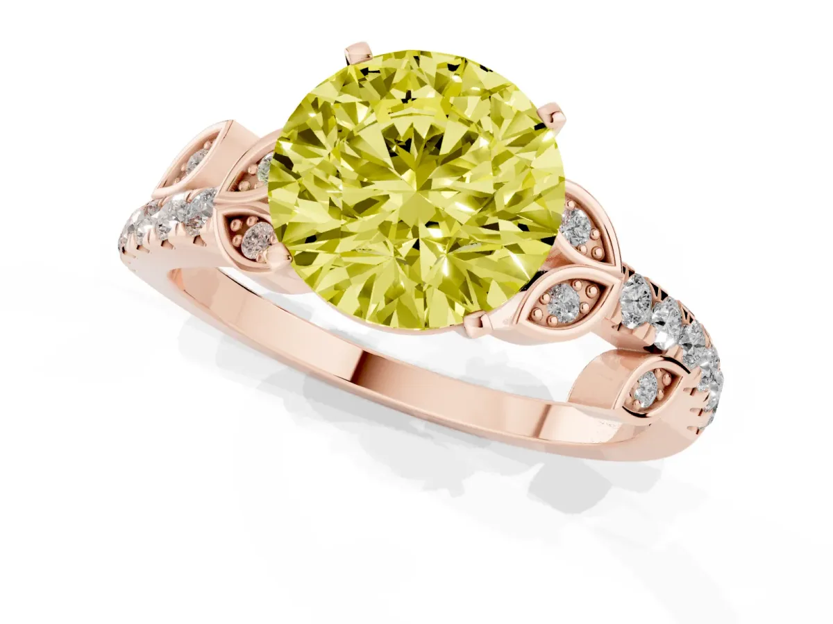 Fancy Yellow Round Cut Solitaire Leaf-Inspired Diamond Ring with Pavé Band and Four-Prong Setting Rose gold