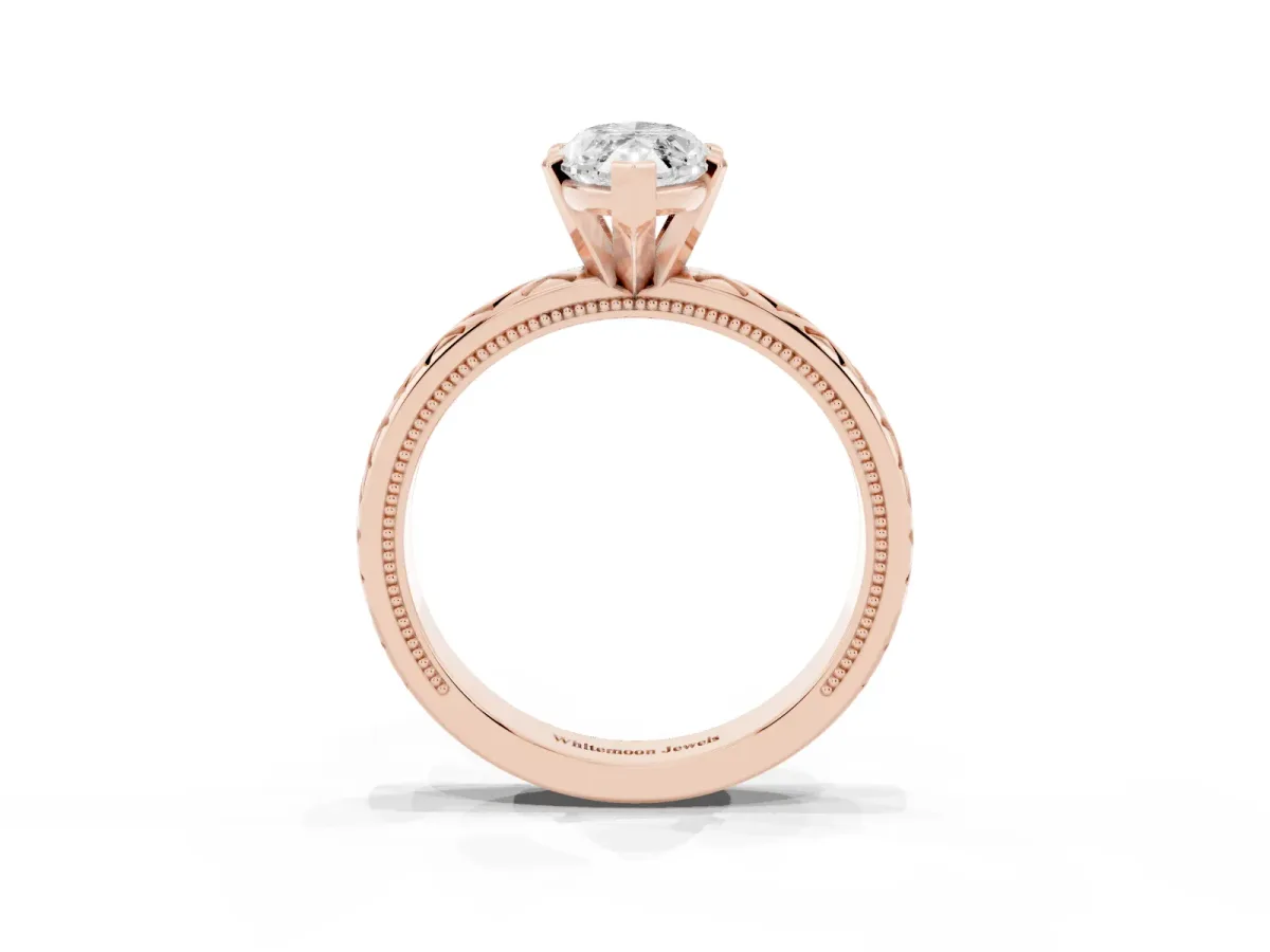 Marquise Cut Solitaire Diamond Ring with Milgrain and Black Enamel X Pattern Band Rose gold