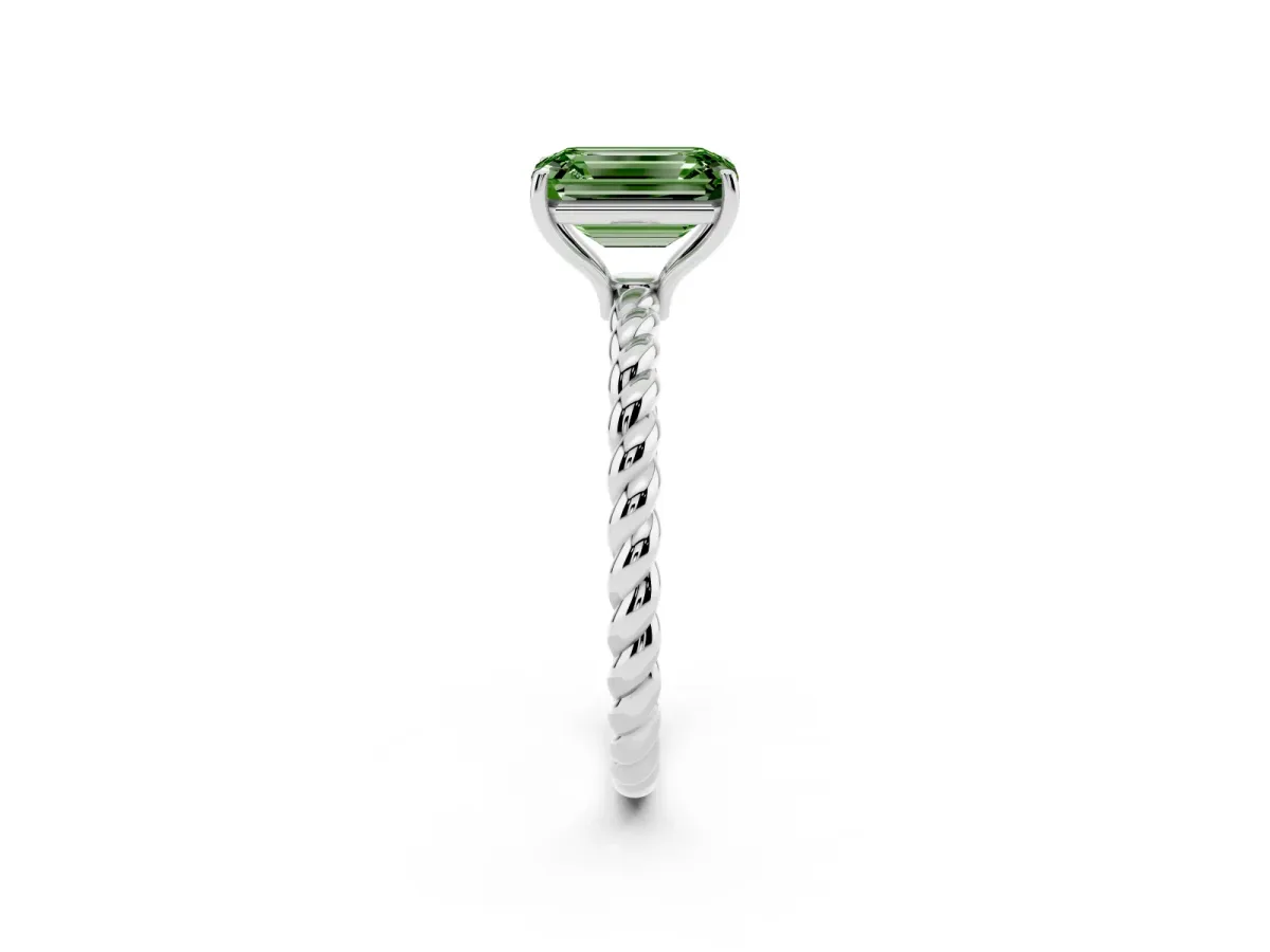 Fancy Green Emerald Cut Solitaire Twisted Band 4-Prong Ring Silver