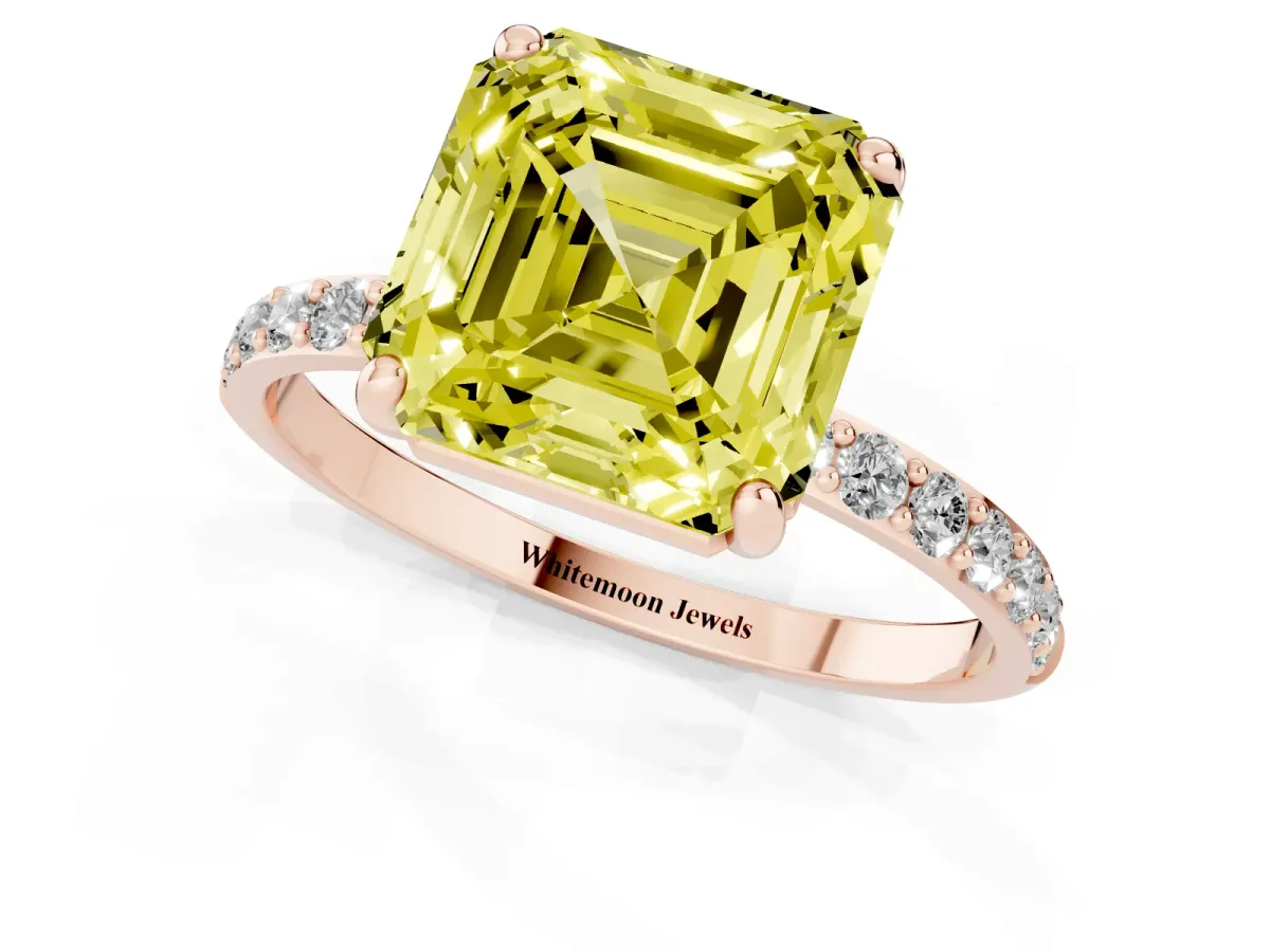 Fancy Yellow Asscher Cut Diamond Solitaire Ring with Round Pavé Band and Prong Setting Rose gold