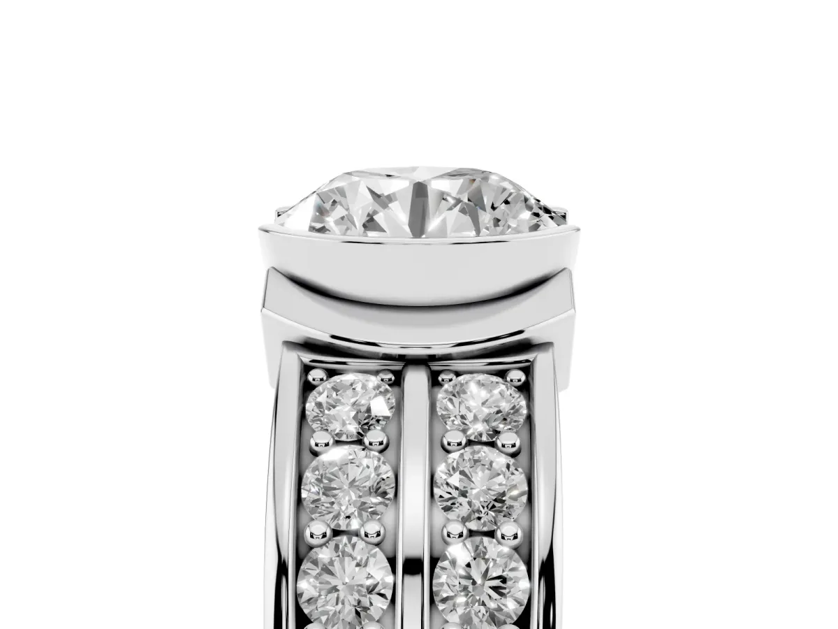 Round Cut Brilliant Diamond Channel Set Wide Band Ring with Bezel Setting Platinum