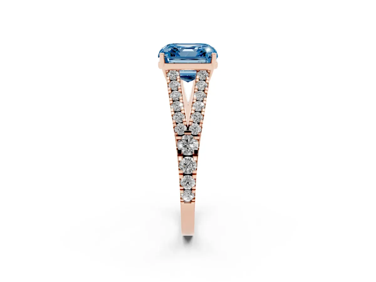 Fancy Blue Asscher Cut Diamond Split Shank Engagement Ring with Round Pavé and Prong Setting Rose gold