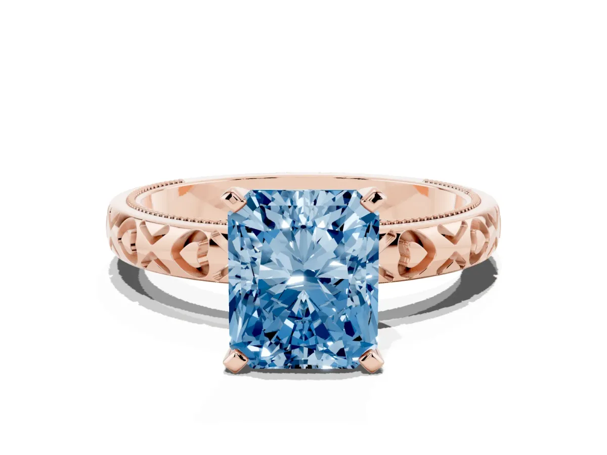 Fancy Blue Radiant Cut Solitaire Diamond Engagement Ring with XO Engraved Band and Four-Prong Setting Rose gold