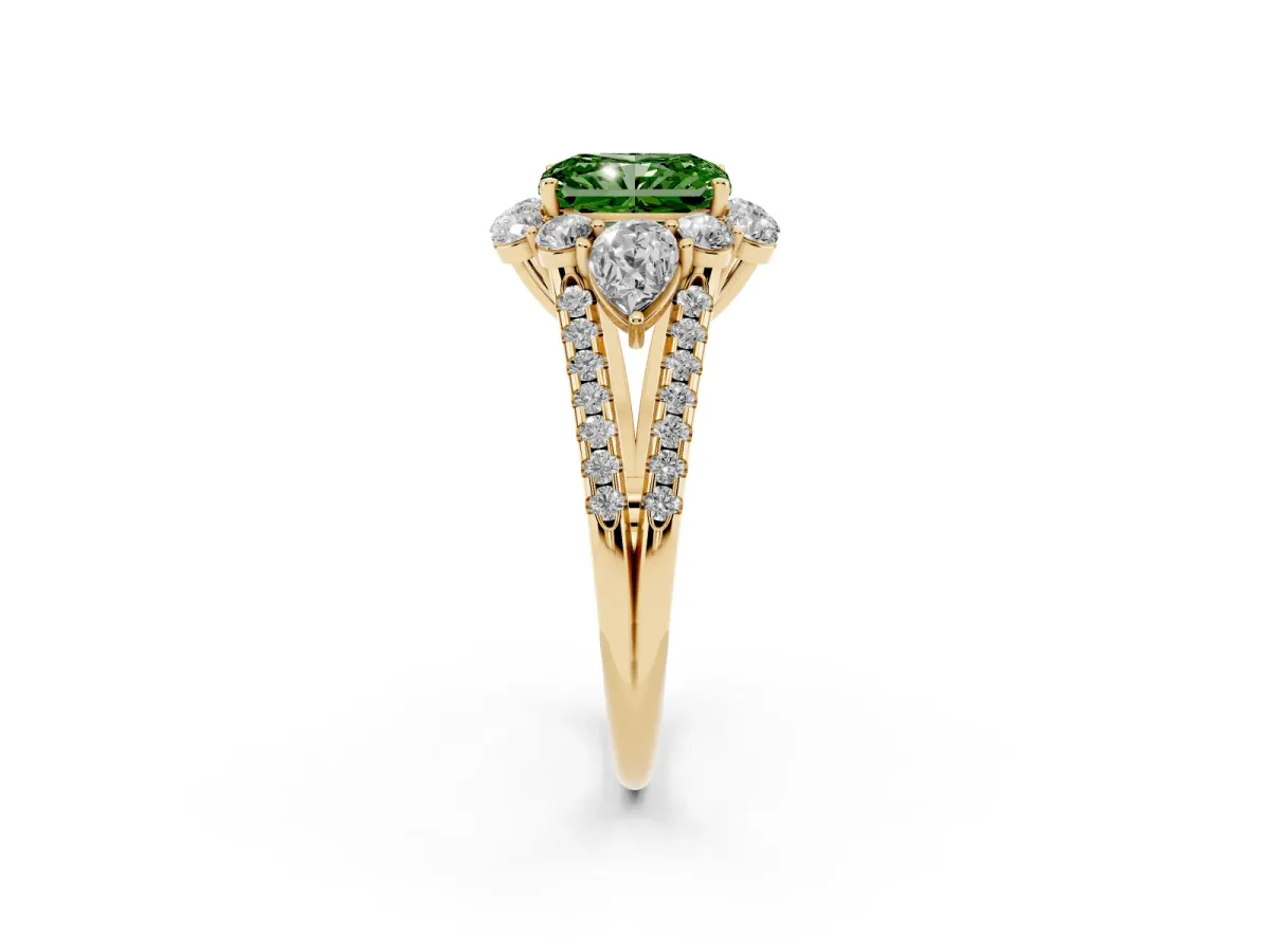 Fancy Green Radiant Cut Halo Split Shank Diamond Engagement Ring with Prong Setting Yellow gold