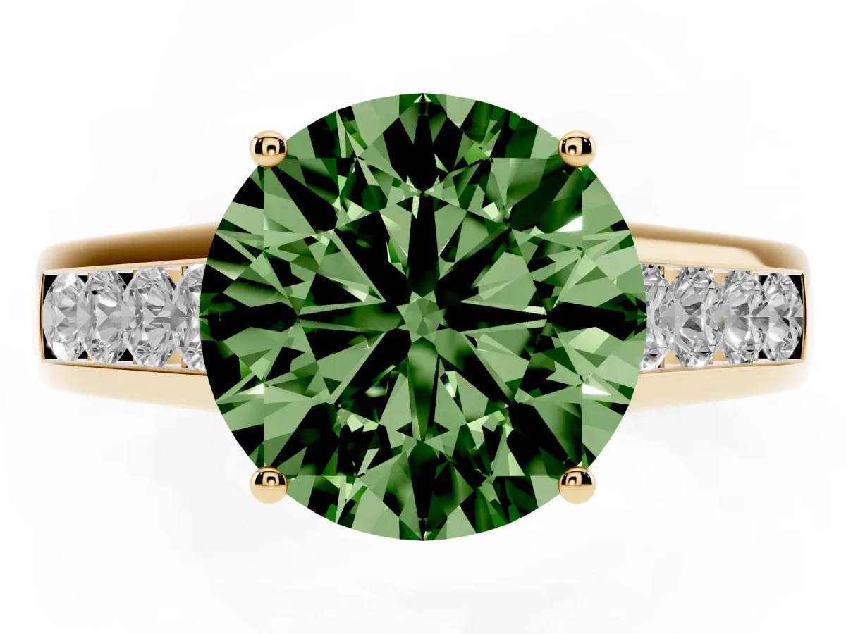 Fancy Green Round Cut Brilliant Channel-Set Solitaire Ring with Four-Prong Setting Yellow gold