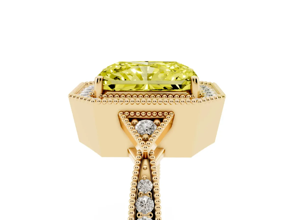 Fancy Yellow Radiant Cut Halo Round Diamond Milgrain Pave Engagement Ring Yellow gold