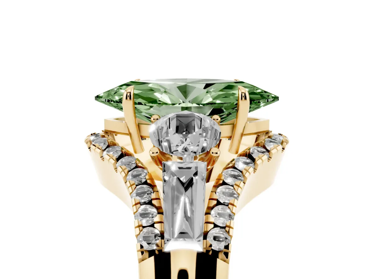 Fancy Green Three-Stone Marquise Cut Diamond Engagement Ring with Pave Band and Prong Setting Yellow gold
