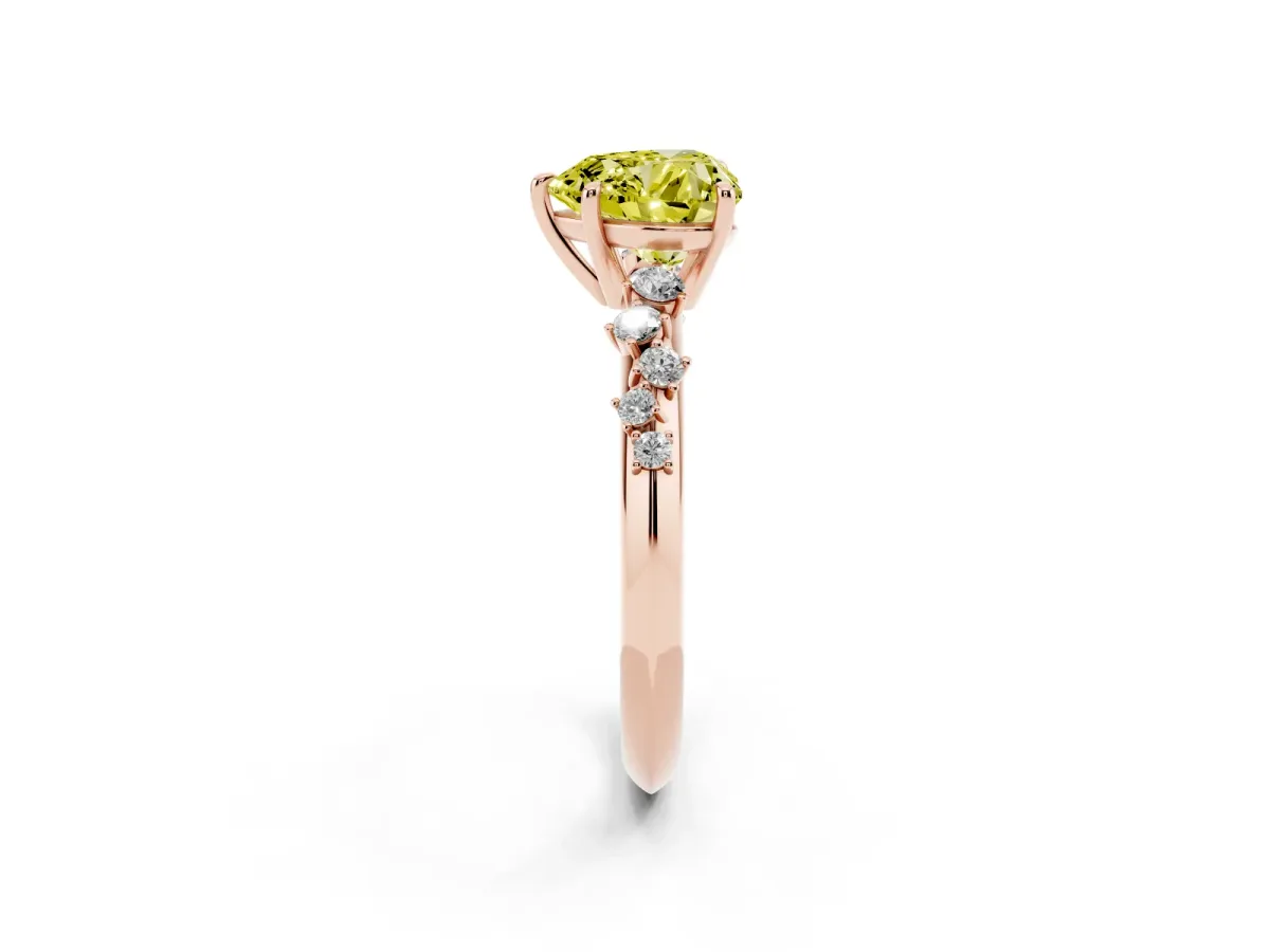 Fancy Yellow Heart Cut Diamond Cluster Side Stone Solitaire Ring with Prong Setting Rose gold