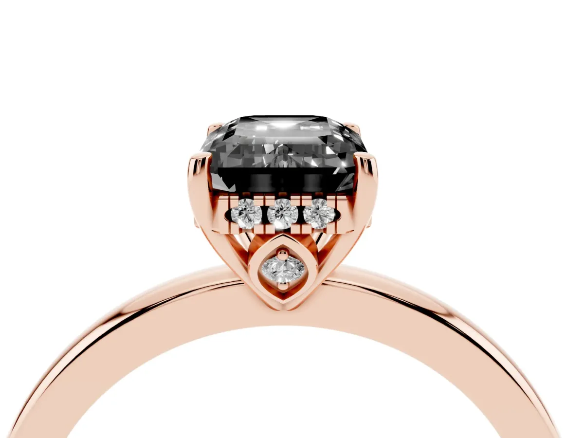Fancy Black Emerald Cut Solitaire Diamond Ring with Prong Setting and Plain Band Rose gold