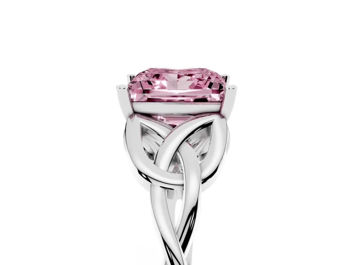 Fancy Pink Princess Cut Diamond Solitaire Engagement Ring with Celtic Knot Band and Four-Prong Setting White gold