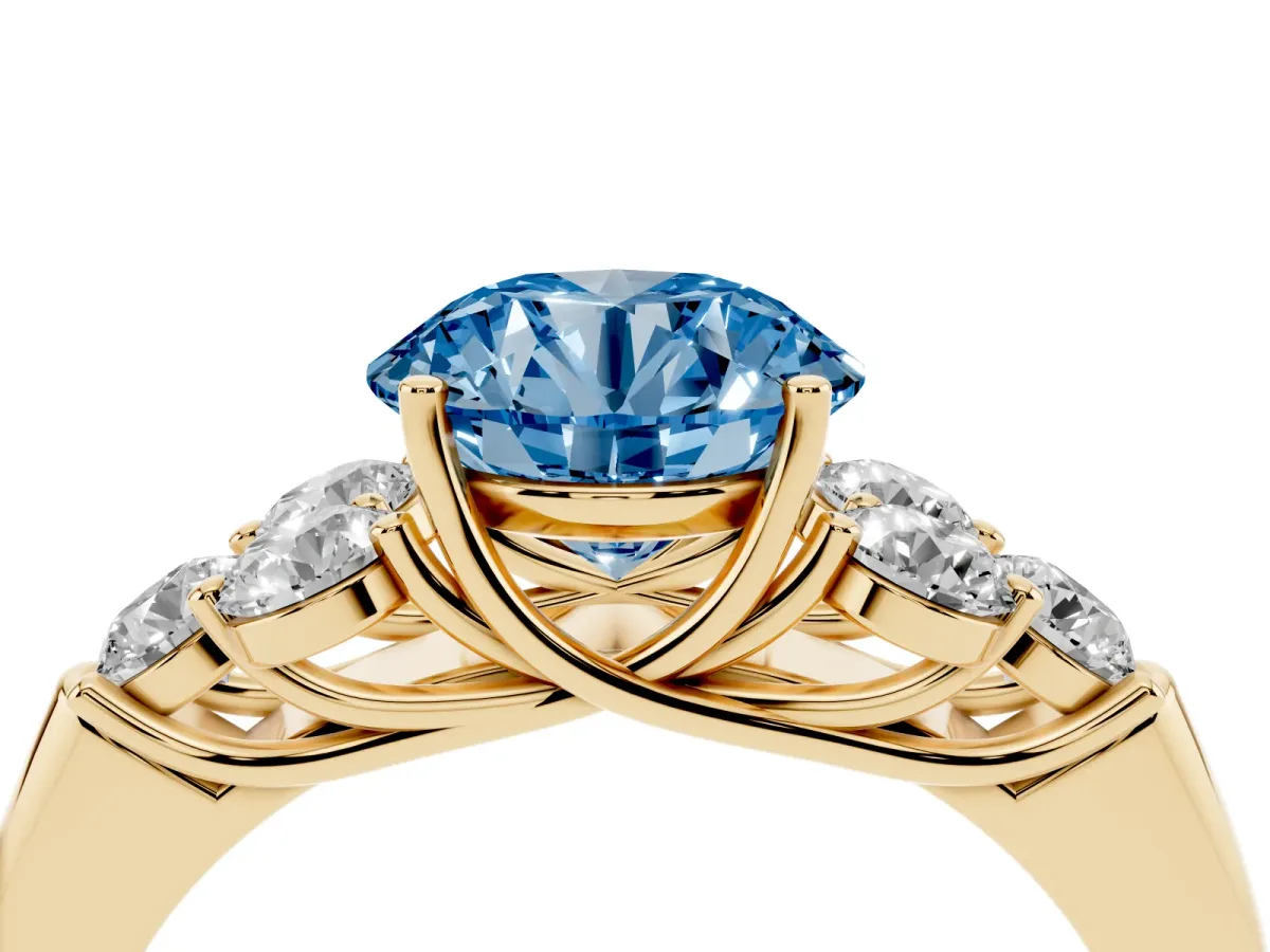 Fancy Blue Round Cut Cut Diamond Cluster Ring with Round Accent Stones and Prong Setting on a Classic Band Yellow gold