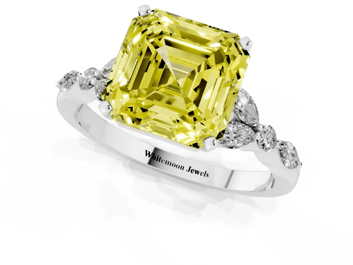Fancy Yellow Asscher Cut Diamond Solitaire Ring with Side Stones and Four-Prong Setting Silver