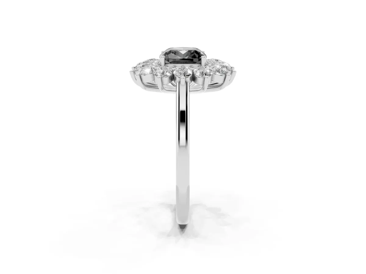 Fancy Black Cushion Cut Diamond Floral Double Halo Engagement Ring with Prong Setting Silver
