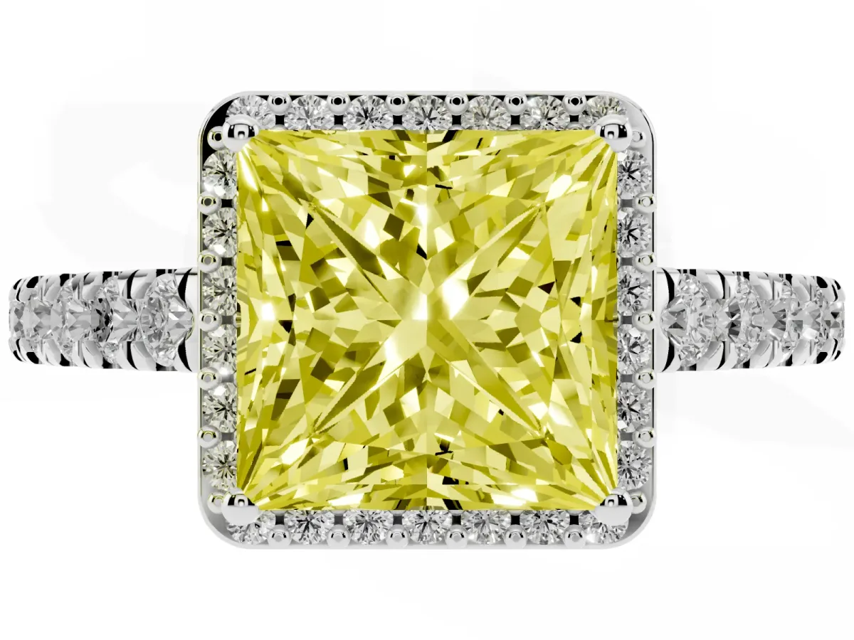 Fancy Yellow Princess Cut Cut Halo Diamond Engagement Ring with Pave Band and Four-Prong Setting Platinum