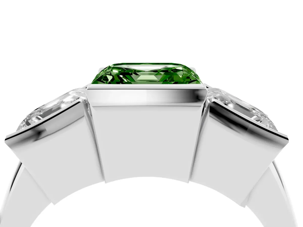 Fancy Green Three Stone Asscher Cut Cut Channel Set Diamond Ring Silver