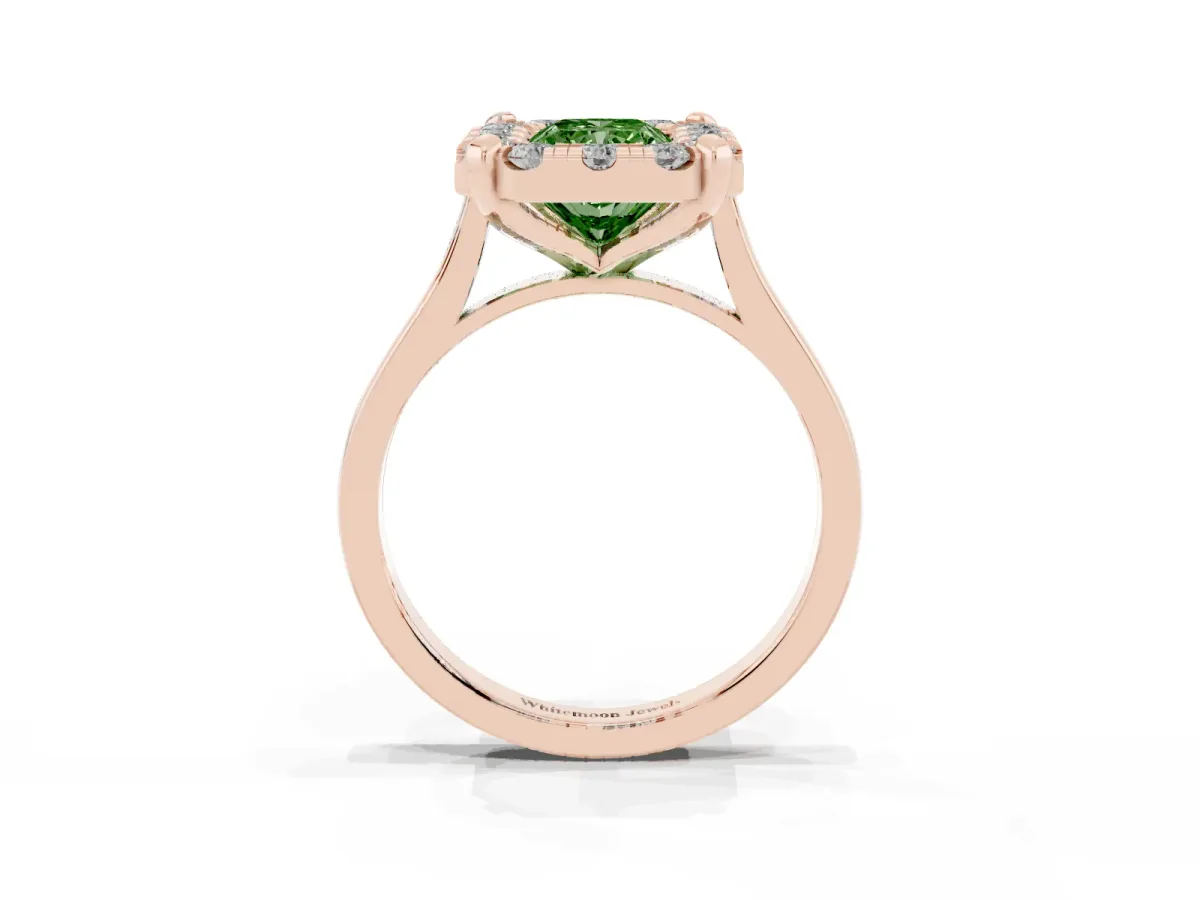 Fancy Green Radiant Cut Diamond Cluster Halo Solitaire with Four-Prong Setting Rose gold