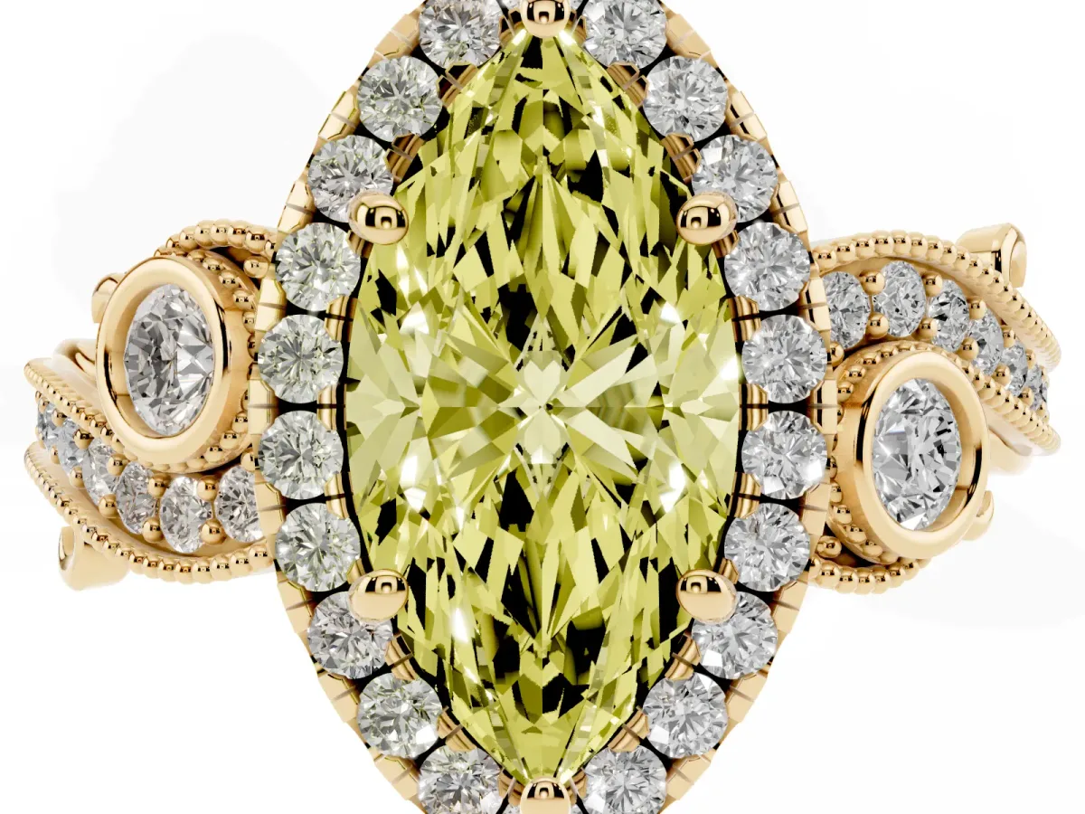 Fancy Yellow Marquise Cut Diamond Halo Ring with Milgrain Pavé Band and Four-Prong Setting Yellow gold