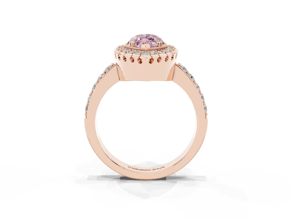 Fancy Pink Marquise Cut Diamond Halo Ring with Pavé Band and Prong Setting Rose gold