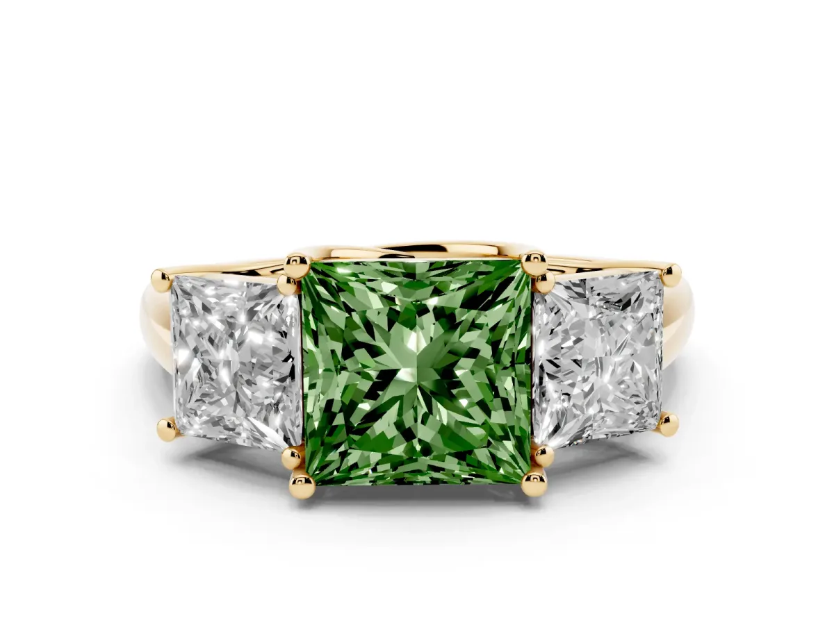 Fancy Green Three-Stone Princess Cut Diamond Engagement Ring with Prong Setting Yellow gold