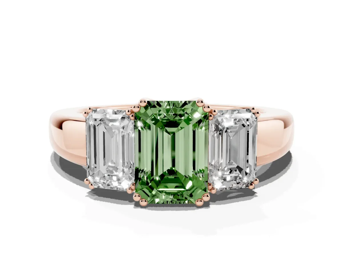 Fancy Green Three-Stone Emerald Cut Cut Diamond Ring with Channel Set Band and Four-Prong Setting Rose gold