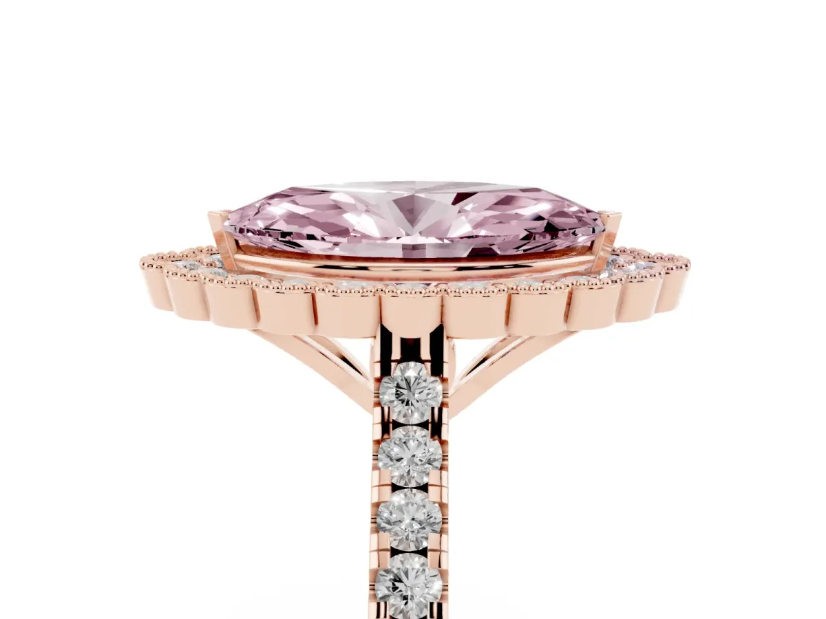 Fancy Pink Marquise Cut Cut Diamond Milgrain Floral Halo Engagement Ring with Pavé Band Rose gold