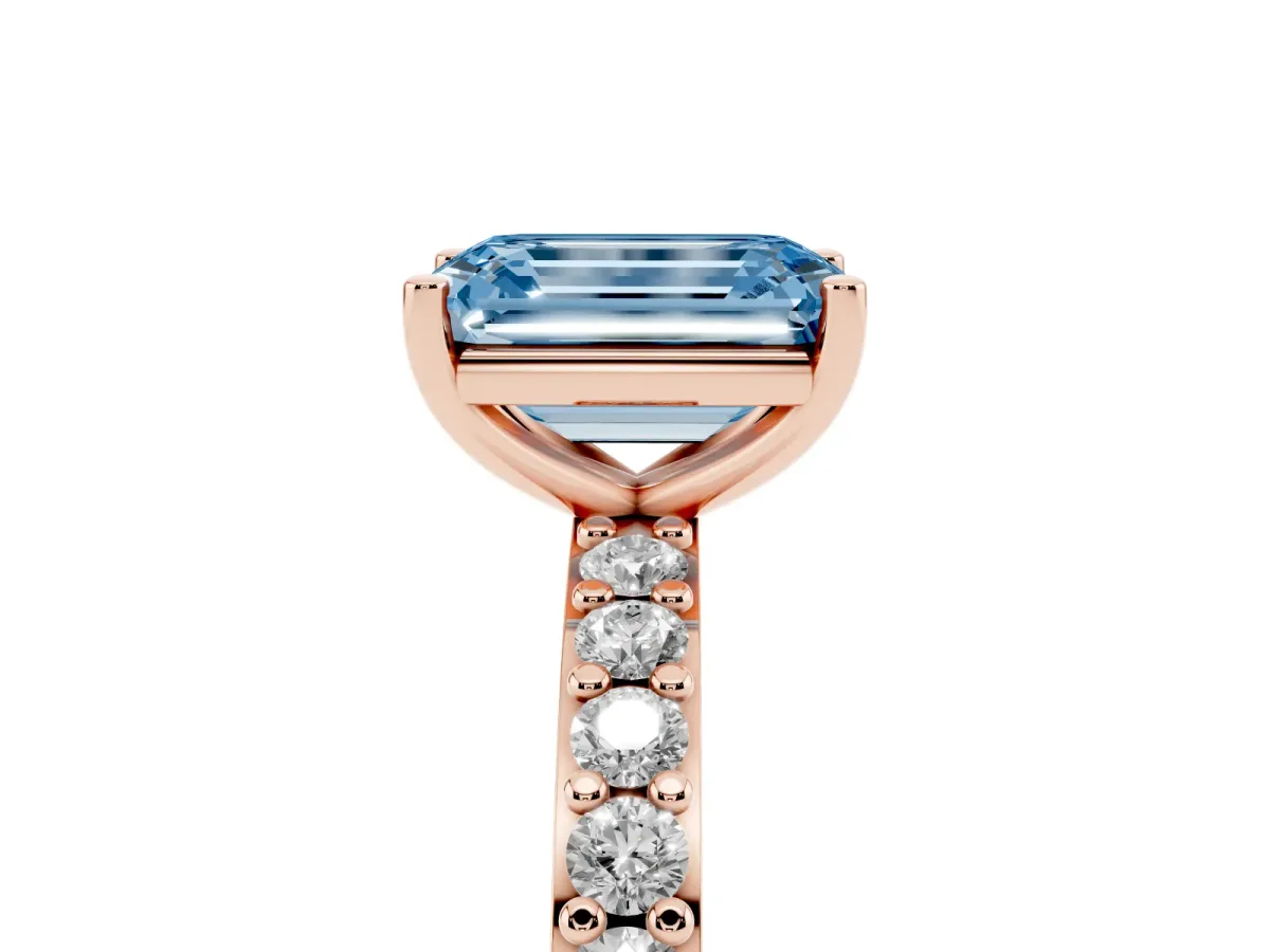 Fancy Blue Emerald Cut Cut Diamond Solitaire with Pave Band and Four-Prong Setting Rose gold