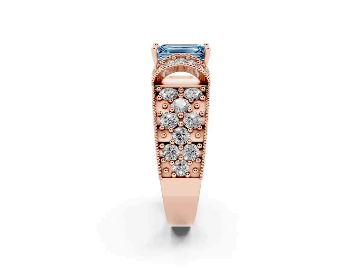 Fancy Blue Emerald Cut Halo Pave Diamond Engagement Ring with Milgrain Detailing Rose gold