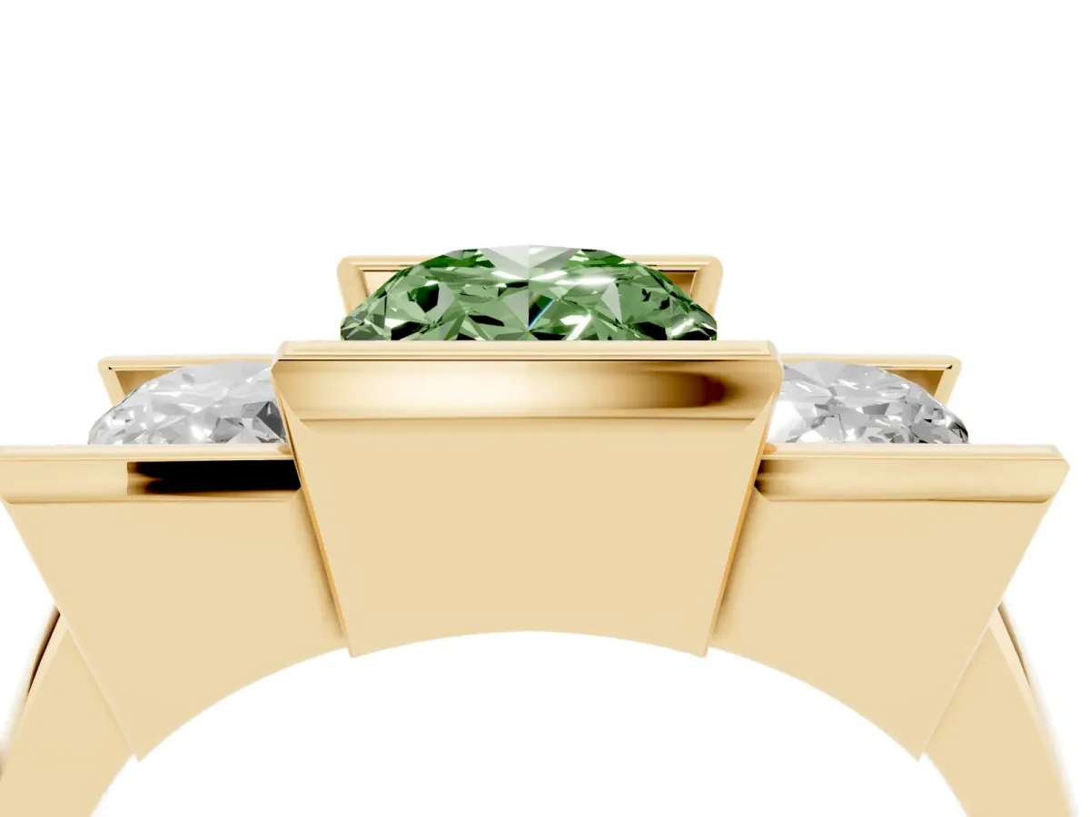 Fancy Green Three Stone Oval Cut Cut Channel Set Diamond Ring Yellow gold